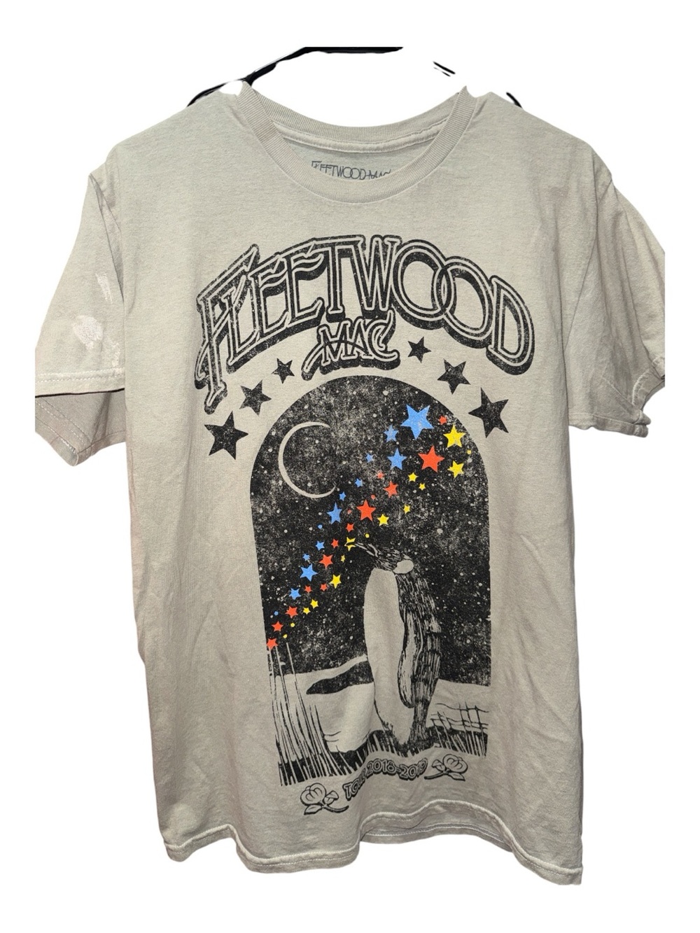 Fleetwood Mac Graphic Tee, Tan With Multicolor Stars, Mildly Flawed, Size M